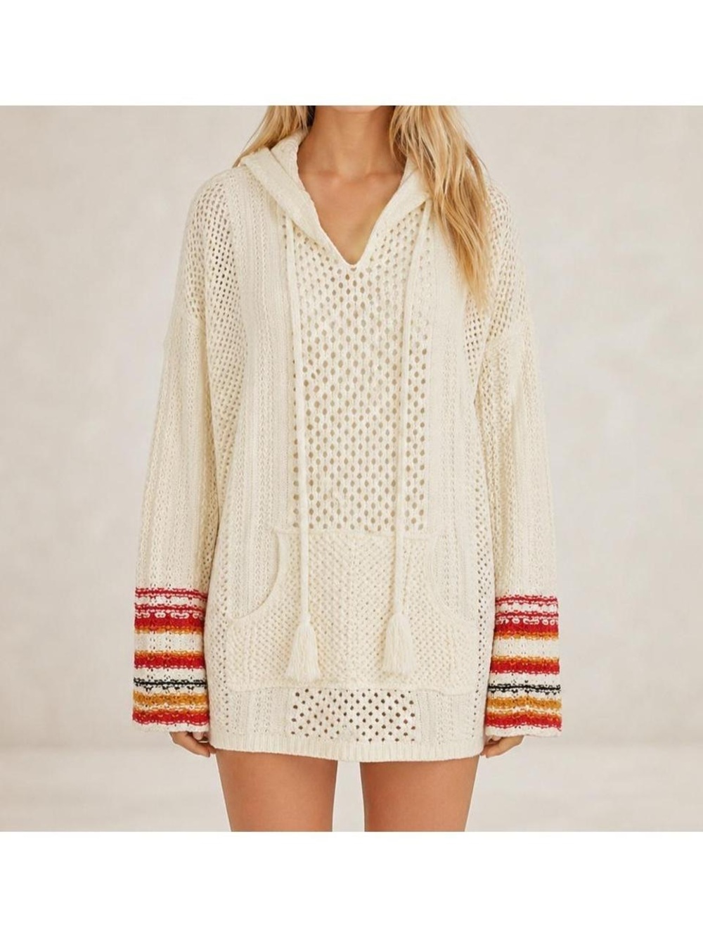 BKE Womens Hooded Sweater Open Knit 100% Cotton Size XL White Boho Pullover